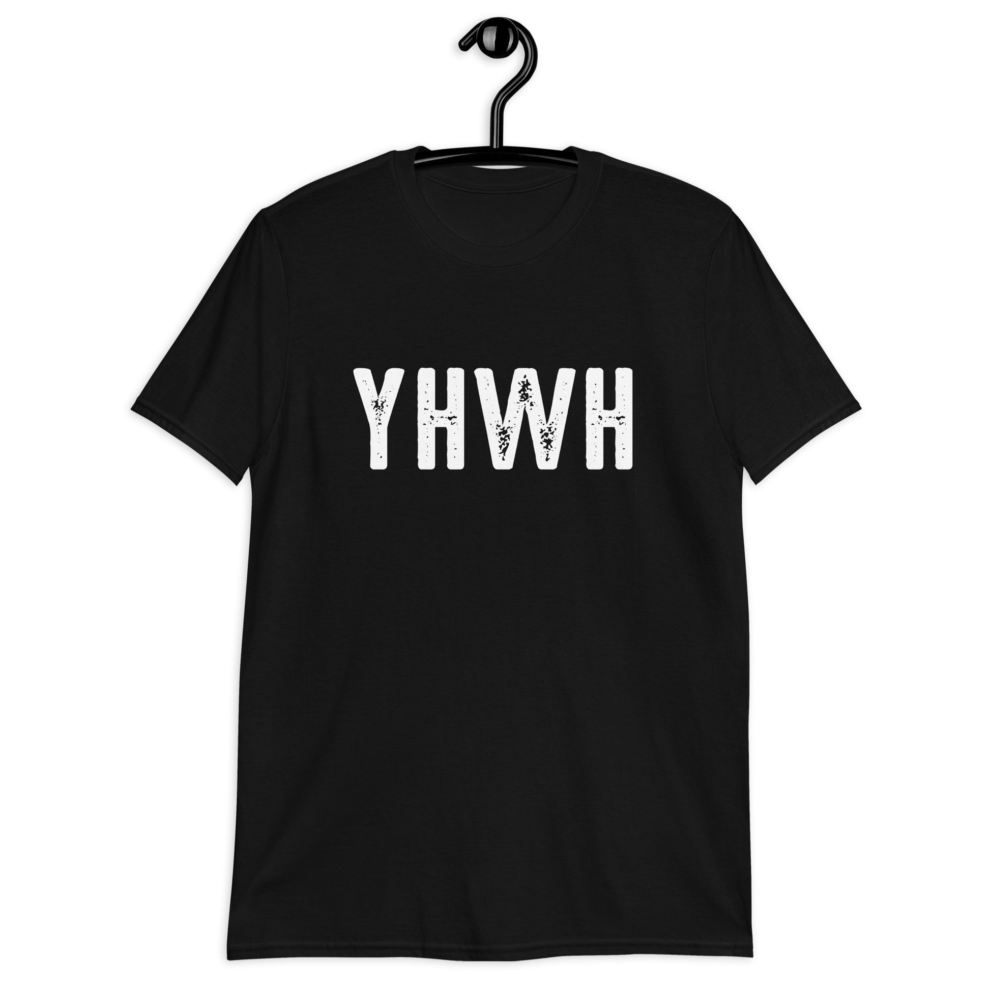 YHWH Hebrew Biblical Name of God Yahweh Christian aesthetic distressed design printed in white on soft black unisex t-shirt for men and women