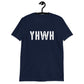 YHWH Hebrew Biblical Name of God Yahweh Christian aesthetic distressed design printed in white on soft navy blue unisex t-shirt for men and women