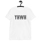 YHWH Hebrew Biblical Name of God Yahweh Christian aesthetic distressed design printed in charcoal on soft white unisex t-shirt for men and women