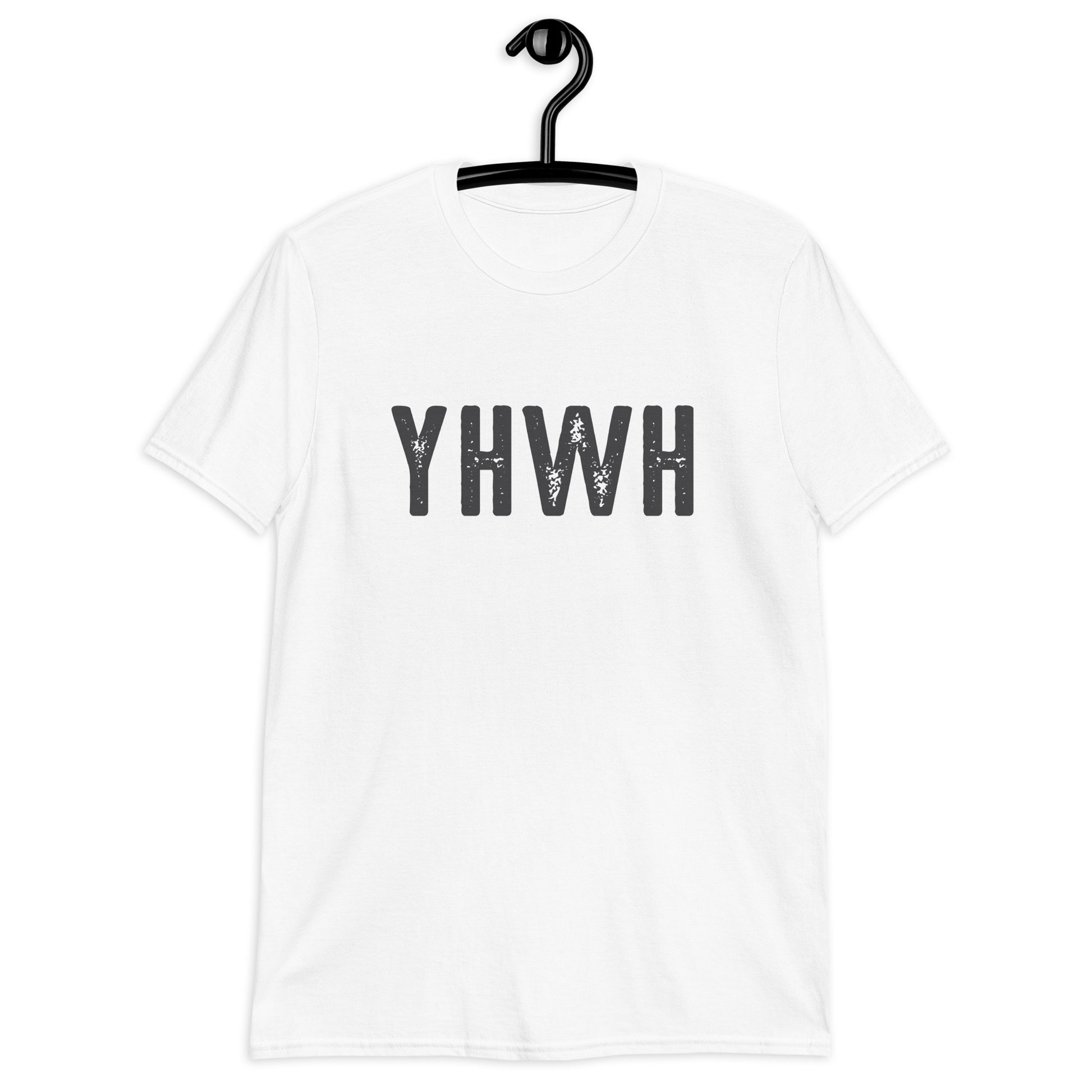 YHWH Hebrew Biblical Name of God Yahweh Christian aesthetic distressed design printed in charcoal on soft white unisex t-shirt for men and women
