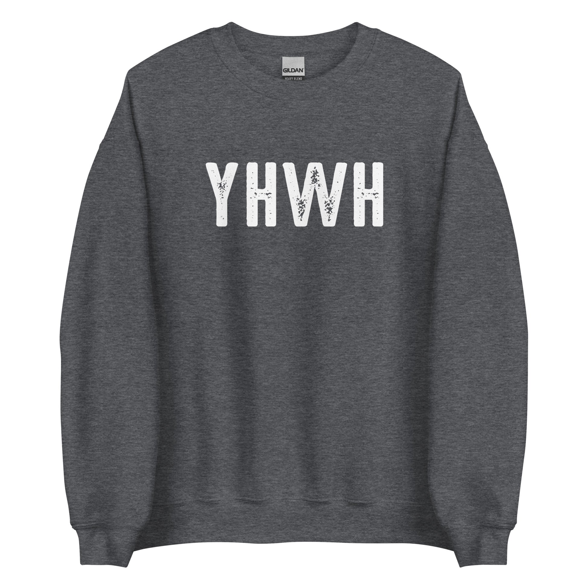 YHWH Hebrew Biblical Name of God Yahweh Christian aesthetic distressed design printed in white on cozy heather dark gray unisex crewneck sweatshirt for men and women