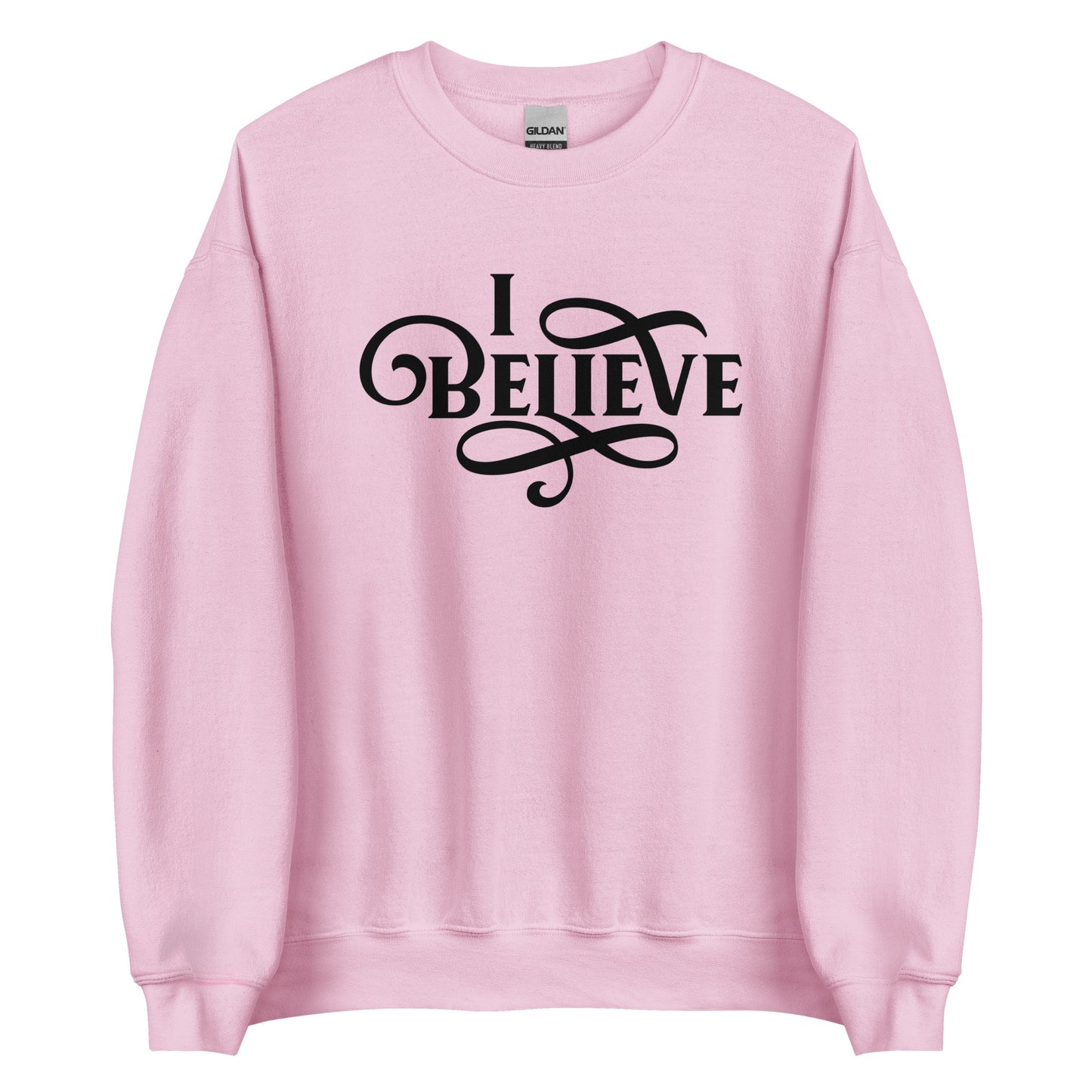 I Believe Swirl Christian aesthetic Jesus believer design printed in black on soft light pink unisex crewneck sweatshirt for women, great gift for her