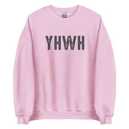 YHWH Hebrew Biblical Name of God Yahweh Christian aesthetic design printed in charcoal on soft light pink unisex crewneck sweatshirt for women