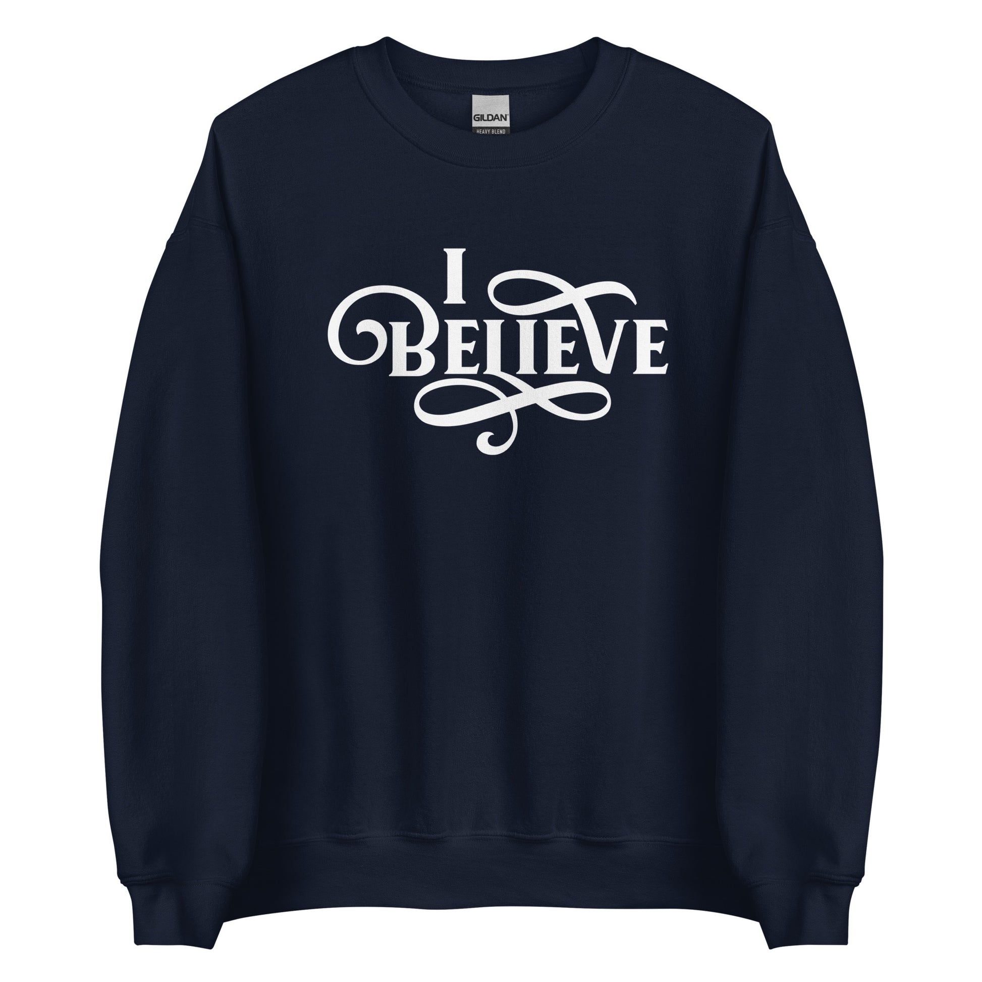 I Believe Swirl Christian aesthetic Jesus believer design printed in white on soft navy blue unisex crewneck sweatshirt for women, great gift for her