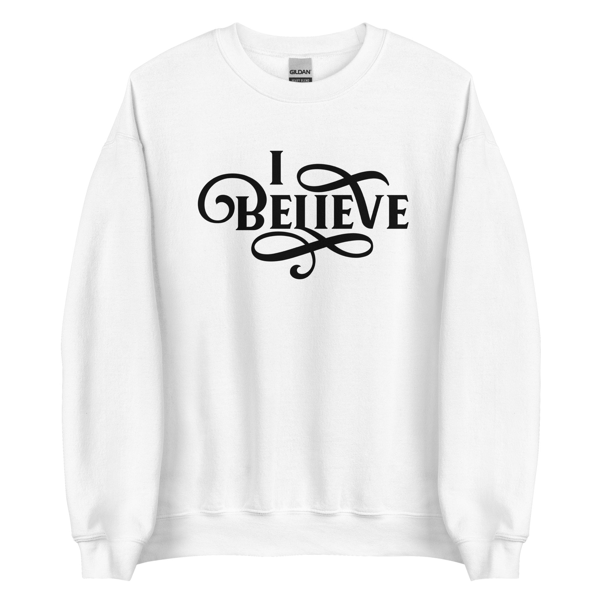 I Believe Swirl Christian aesthetic Jesus believer design printed in black on soft white unisex crewneck sweatshirt for women, great gift for her