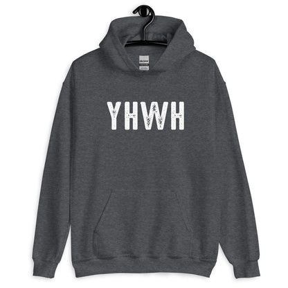 YHWH Hebrew Biblical Name of God Yahweh Christian aesthetic distressed design printed in white on cozy heather dark gray unisex hoodie sweatshirt for men and women