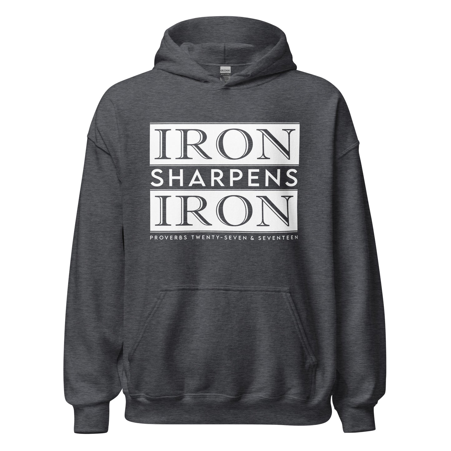 Iron Sharpens Iron Proverbs 27:17 Bible Verse Christian aesthetic faith-based hoodie with bold white design printed on cozy dark heather gray unisex hoodie sweatshirt for men and women