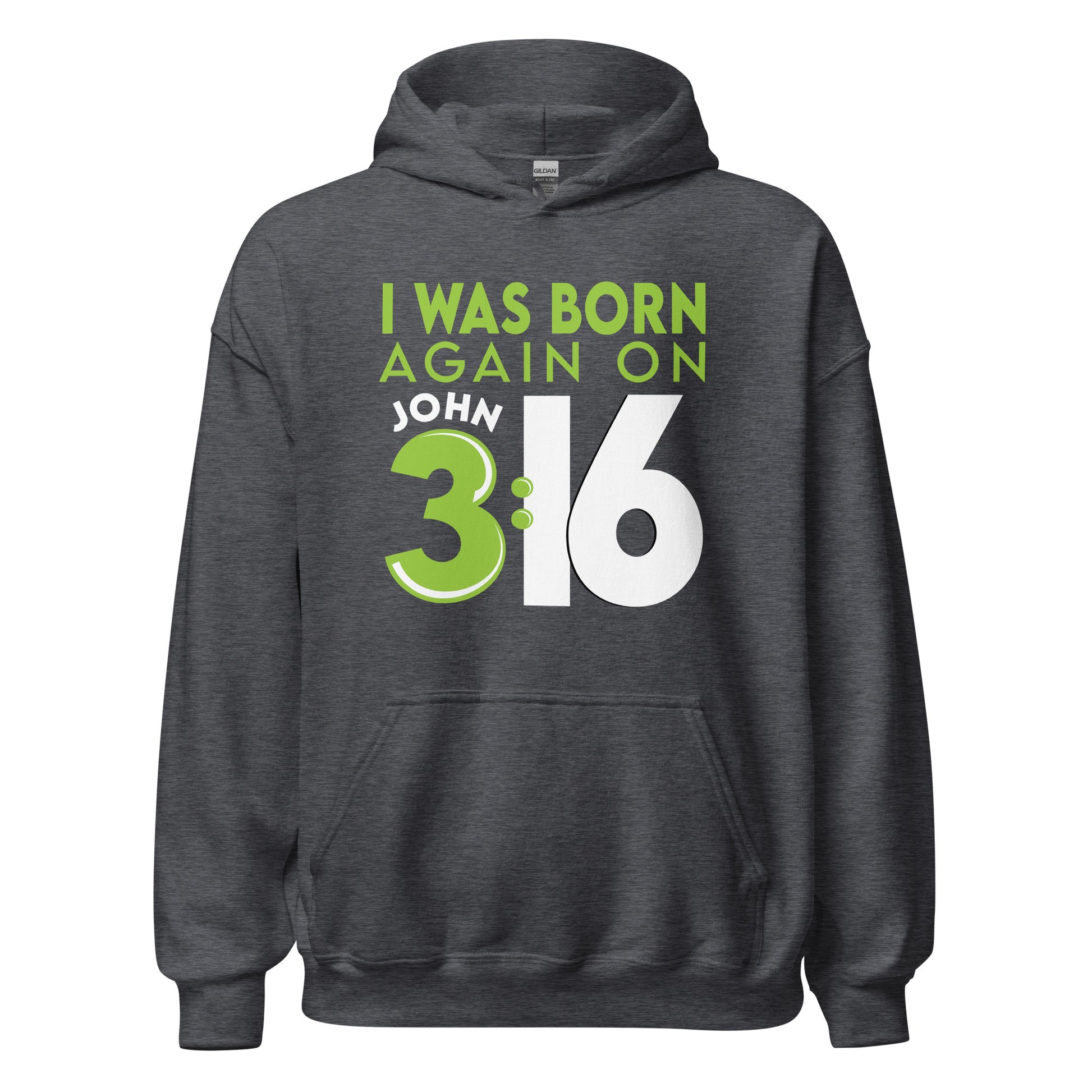 Heather Dark Gray Unisex Cozy Hoodie with Christian aesthetic bible verse message that says, "I Was Born Again On John 3:16" bible verse quote in lime green and white for men and women