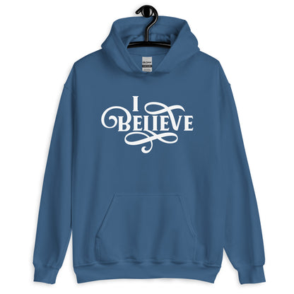 I Believe Swirl Christian aesthetic Jesus believer design printed in white on soft indigo blue unisex hoodie sweatshirt for women, great gift for her