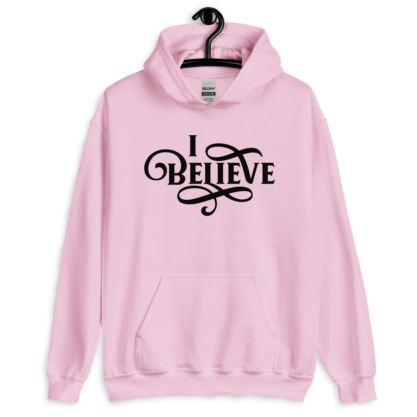 I Believe Swirl Christian aesthetic Jesus believer design printed in black on soft light pink unisex hoodie sweatshirt for women, great gift for her