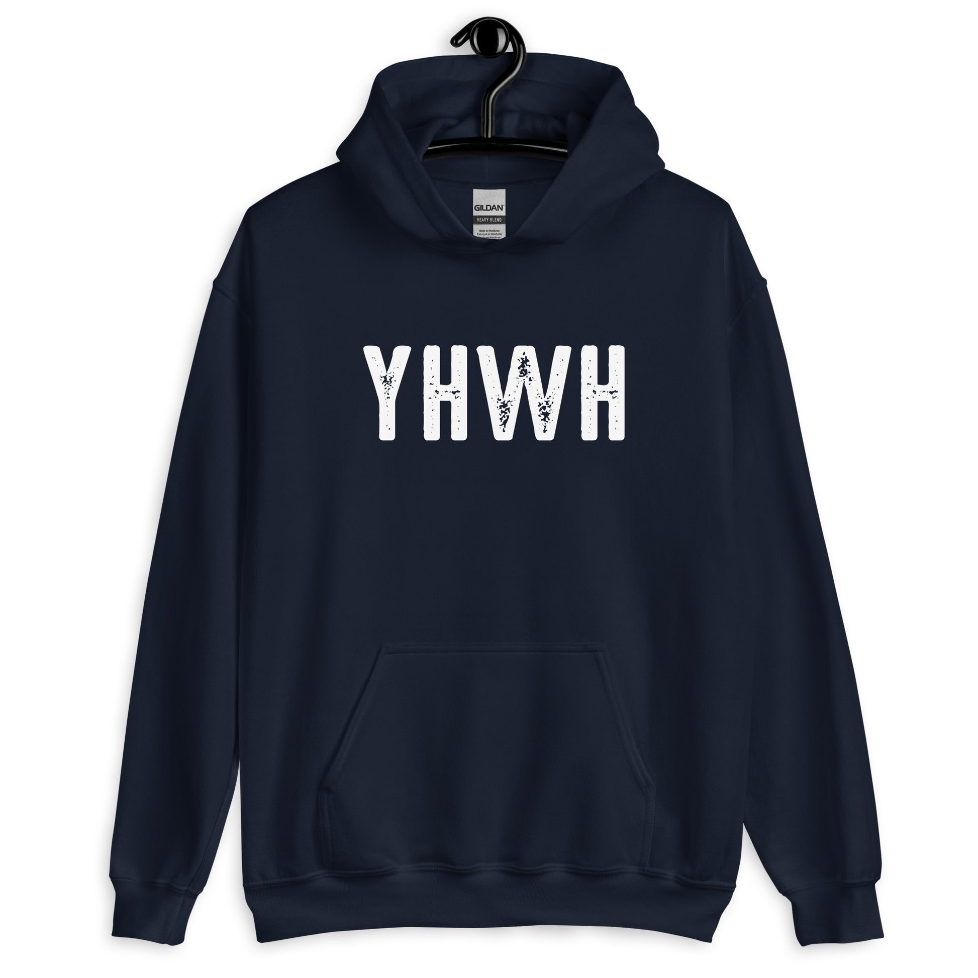 YHWH Hebrew Biblical Name of God Yahweh Christian aesthetic distressed design printed in white on cozy navy blue unisex hoodie sweatshirt for men and women