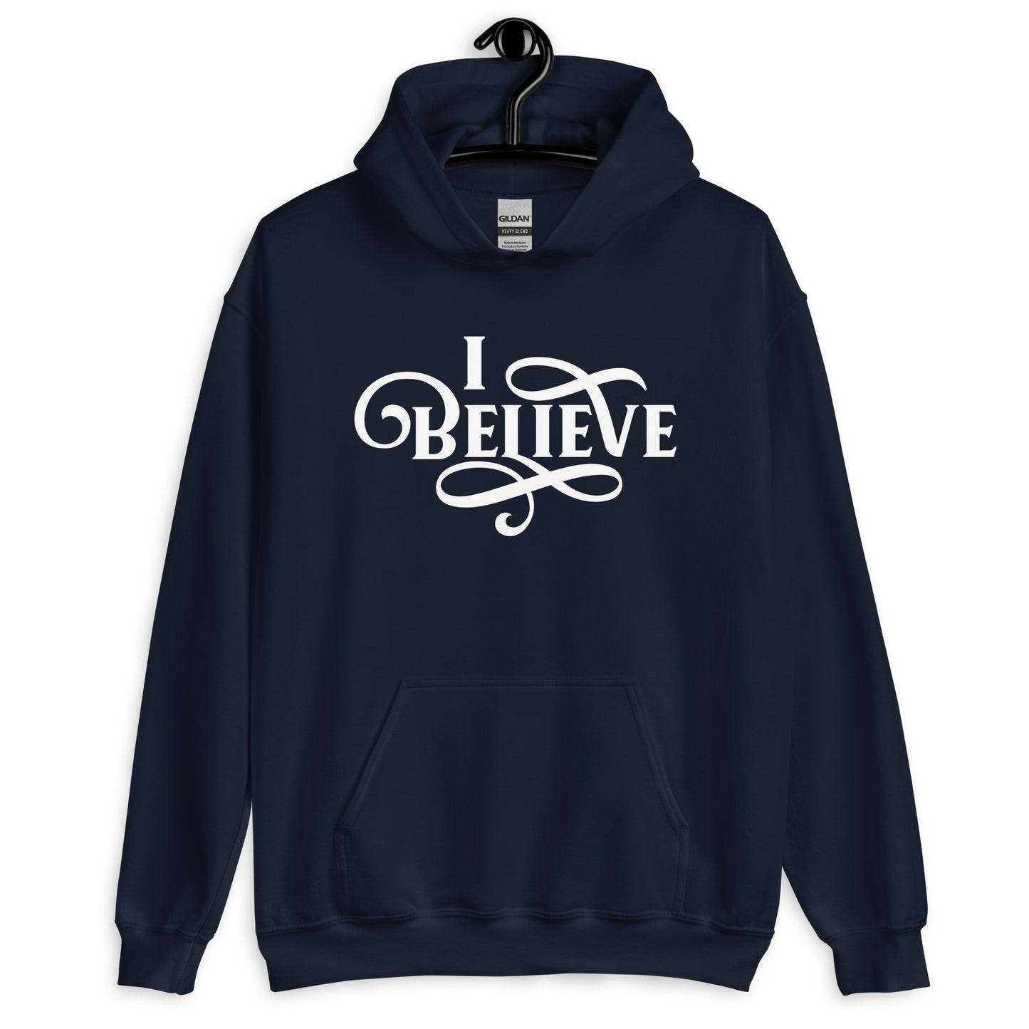 I Believe Swirl Christian aesthetic Jesus believer design printed in white on soft navy blue unisex hoodie sweatshirt for women, great gift for her