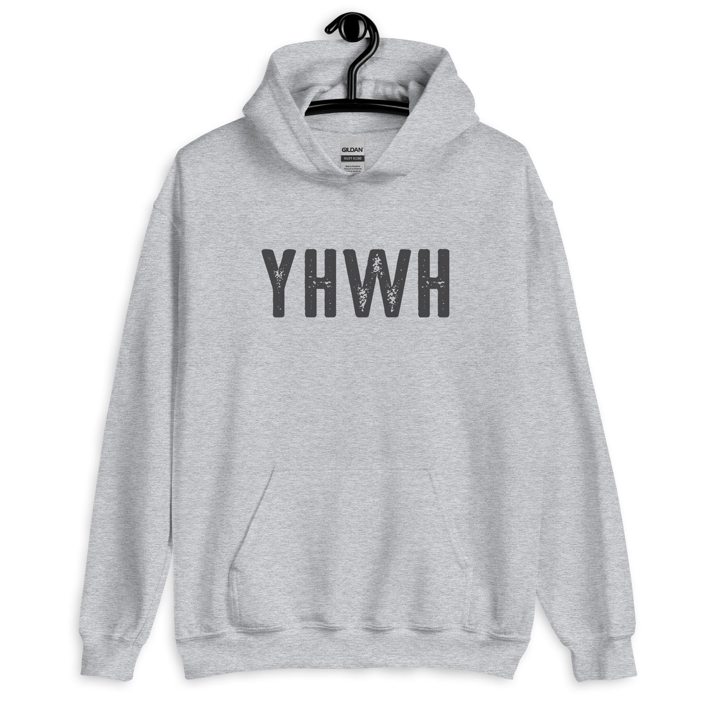 YHWH Hebrew Biblical Name of God Yahweh Christian aesthetic distressed design printed in charcoal gray on cozy heather gray unisex hoodie sweatshirt for men and women