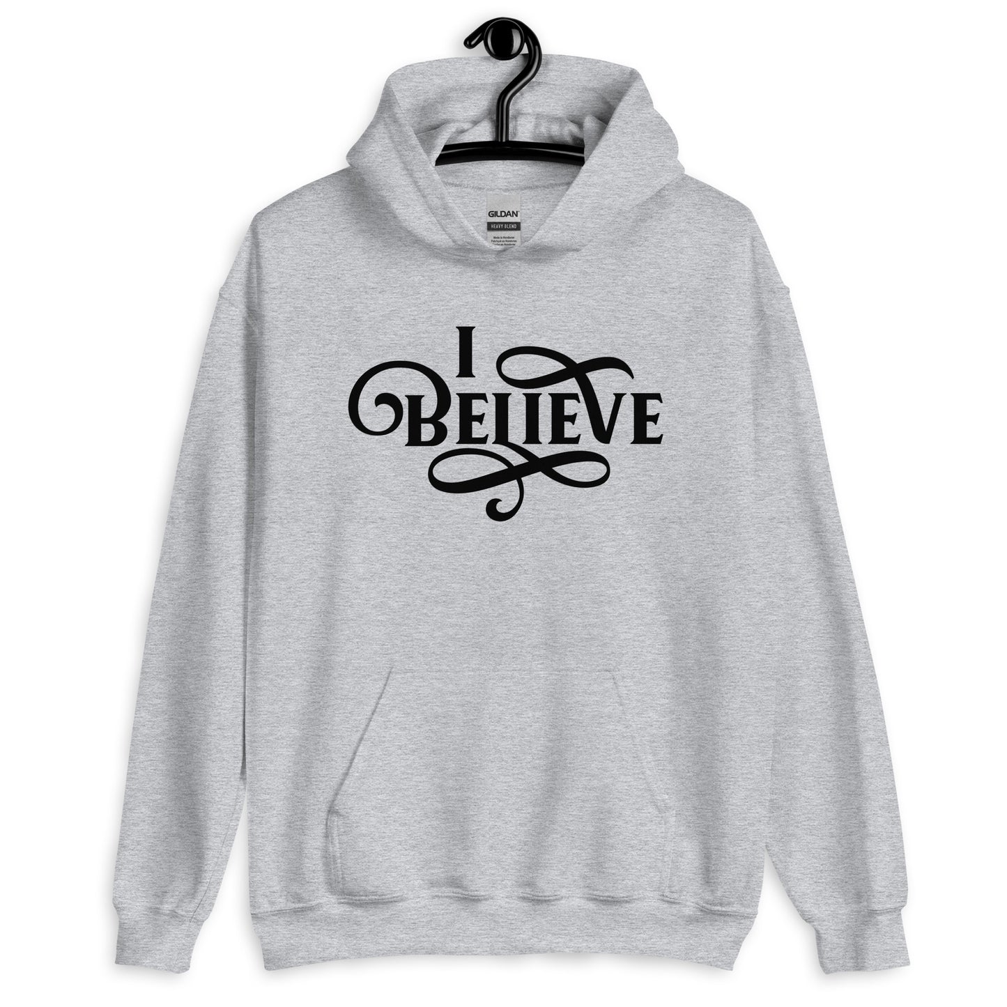 I Believe Swirl Christian aesthetic Jesus believer design printed in black on soft heather gray unisex hoodie sweatshirt for women, great gift for her