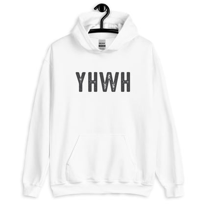 YHWH Hebrew Biblical Name of God Yahweh Christian aesthetic distressed design printed in charcoal gray on cozy white unisex hoodie sweatshirt for men and women
