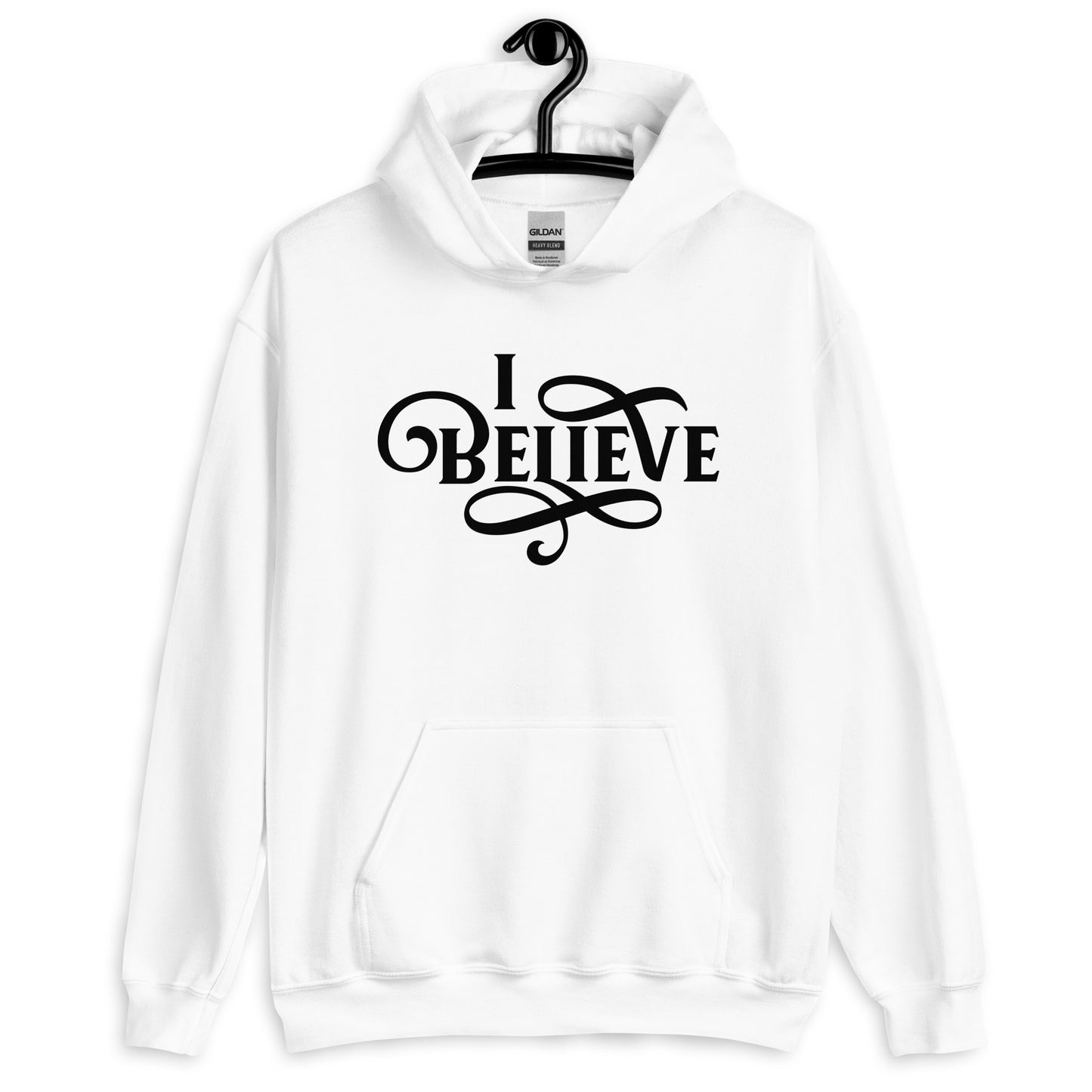 I Believe Swirl Christian aesthetic Jesus believer design printed in black on soft white unisex hoodie sweatshirt for women, great gift for her