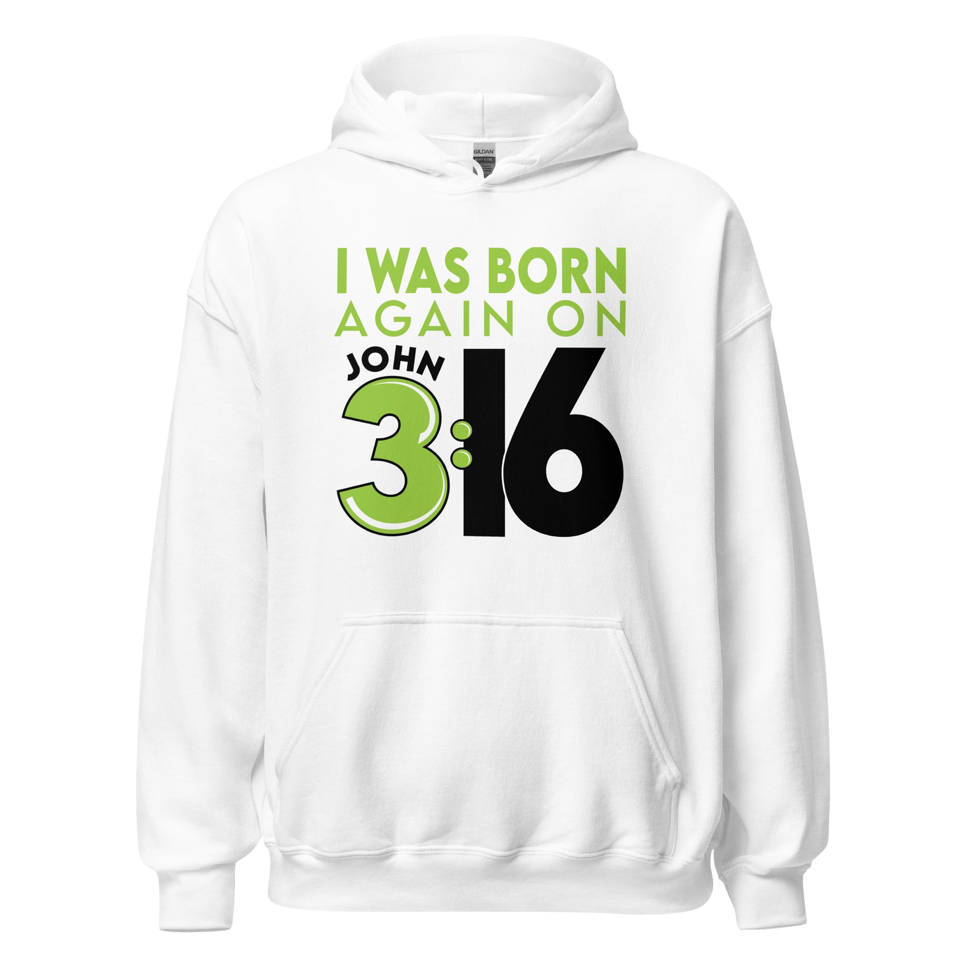 White Unisex Cozy Hoodie with Christian aesthetic bible verse message that says, "I Was Born Again On John 3:16" bible verse quote in lime green and white for men and women