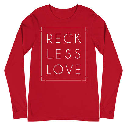 Rectangle Reckless Love Christian aesthetic worship design printed in white on cozy blood red unisex long sleeve tee shirt for men and women