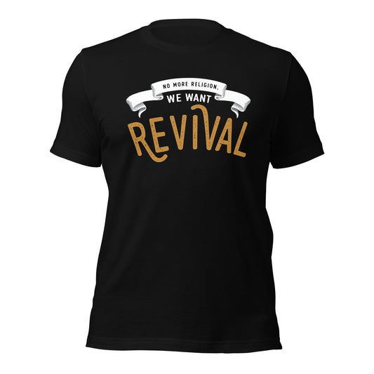Black Jesus Christian aesthetic soft Unisex T-shirt that says, No More Religion We Want Revival printed in gold and white, church gift graphic tees designed for men and women 