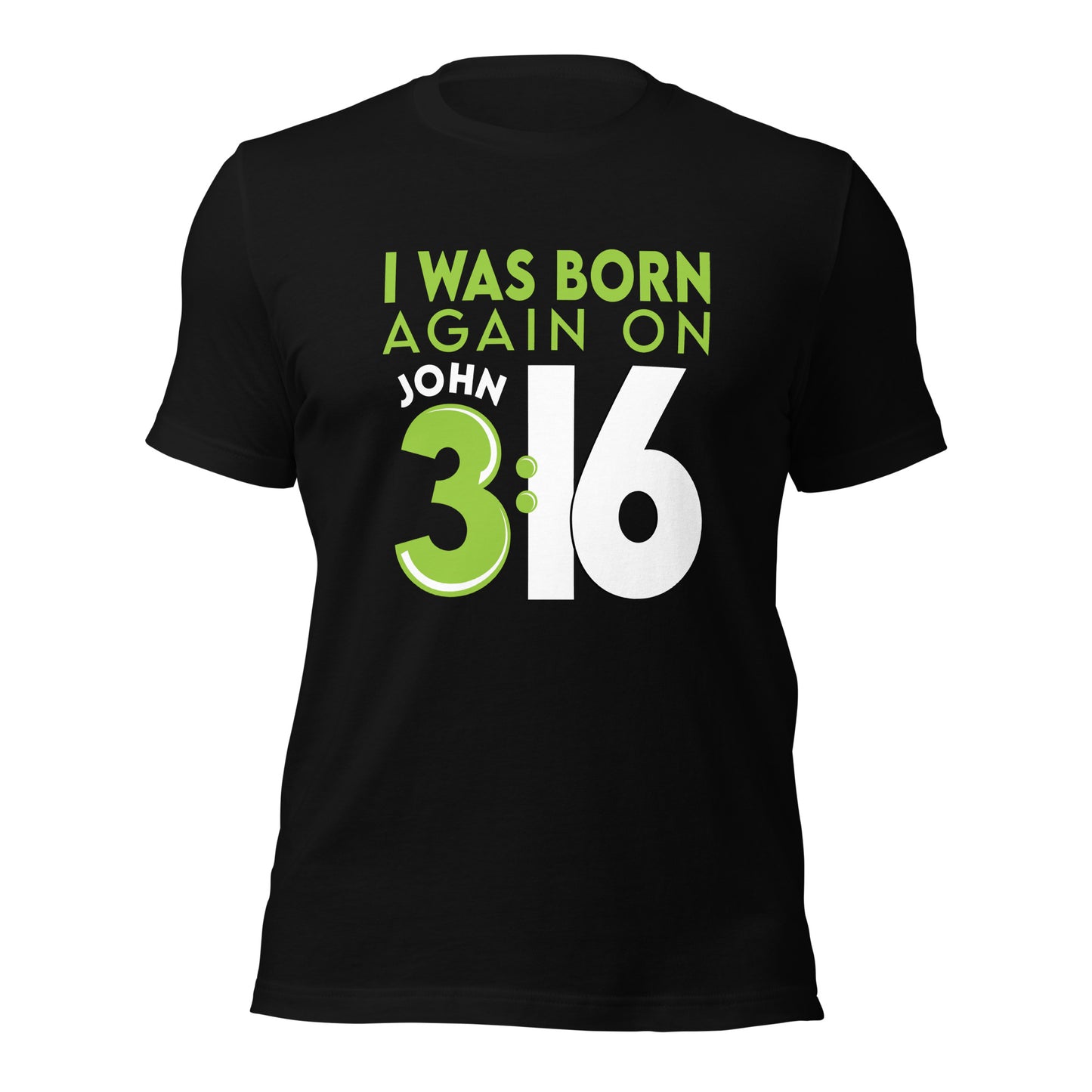Black Christian aesthetic unisex t-shirt with a play on words that says, I Was Born Again on John 3:16, bible verse scripture quote in lime green and white, designed for men and women