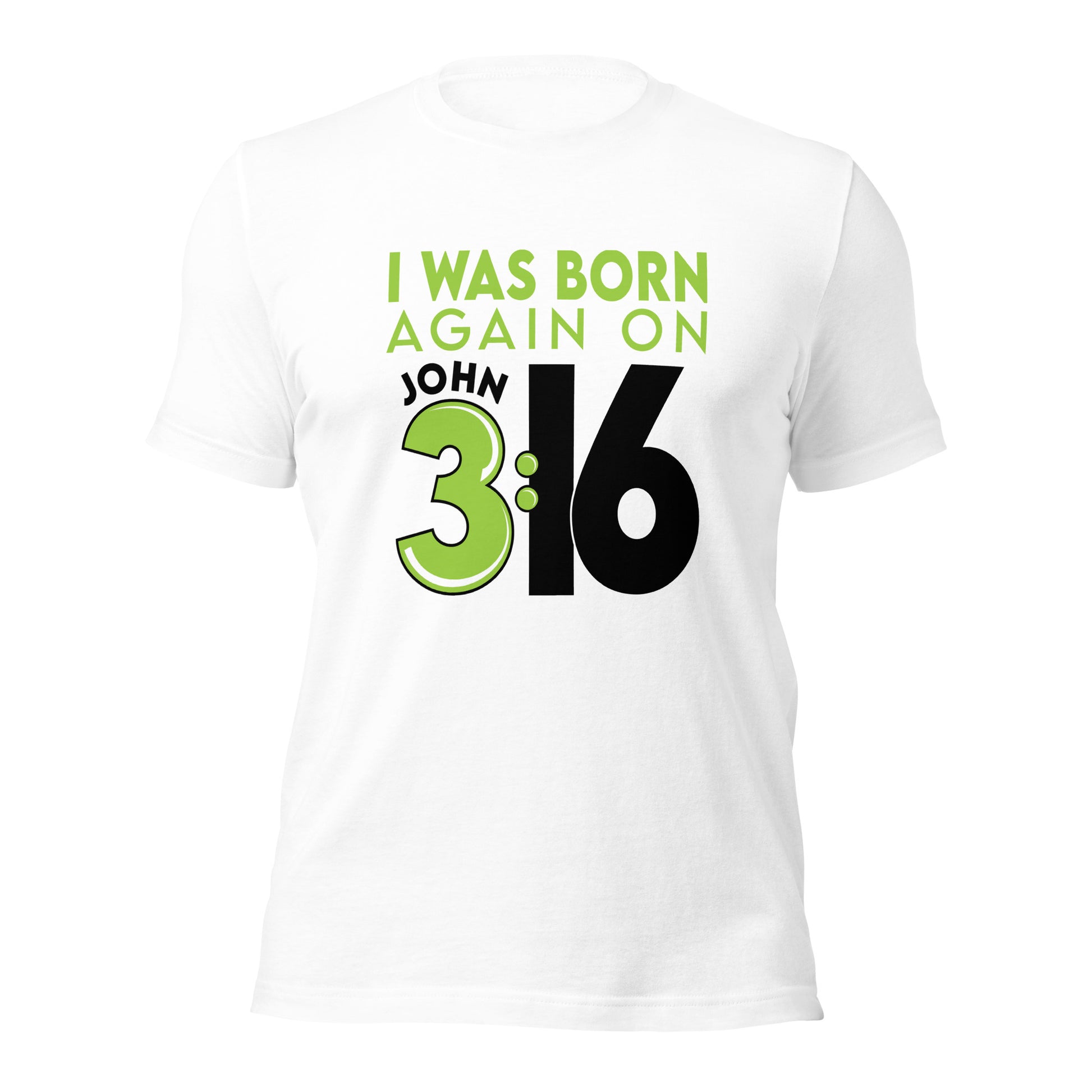 White Christian aesthetic unisex t-shirt with a play on words that says, I Was Born Again on John 3:16, bible verse scripture quote in lime green and black, designed for men and women