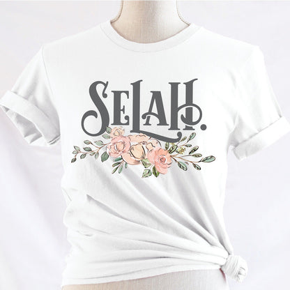 Selah Psalm bible verse watercolor floral Christian aesthetic design printed in charcoal gray, peach, blush pink, on soft white t-shirt for women